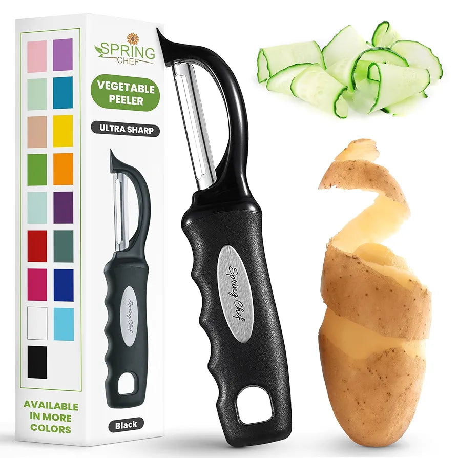 Spring Chef Premium Swivel Vegetable Peeler, Soft Grip Handle and Ultra Sharp Stainless Steel Blades - Perfect Kitchen Peeler For Veggie, Fruit, Potato, Carrot, Apple - Black