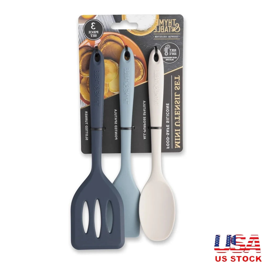 Silicone Mini Kitchen Utensil Set 3 pcs Heat Resistant Non Stick Safe Cooking Tools Spatula Turner Durable Compact Kitchen